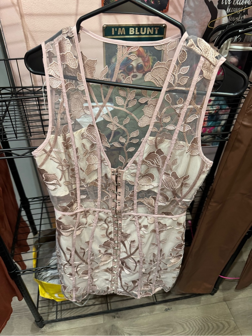 Tobi Rose Gold Floral Embroidered Sheer Dress